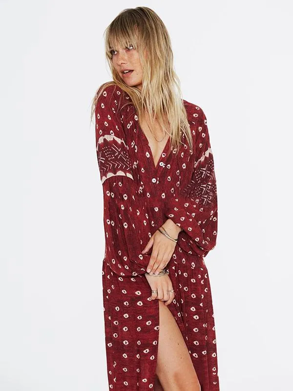 Red Bohemia Split-side Printed Maxi Dresses