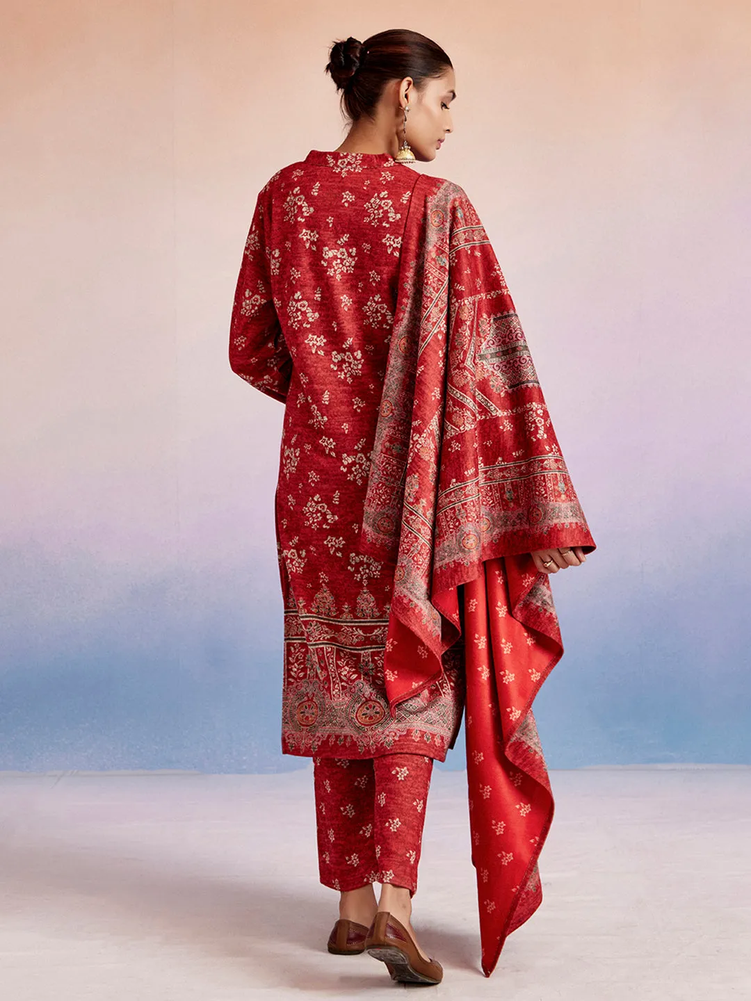 Red Woolen Ethnic Printed Kurta Set With Dupatta