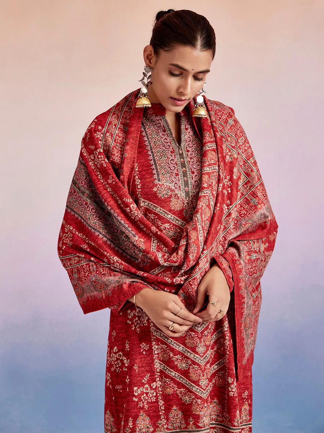 Red Woolen Ethnic Printed Kurta Set With Dupatta