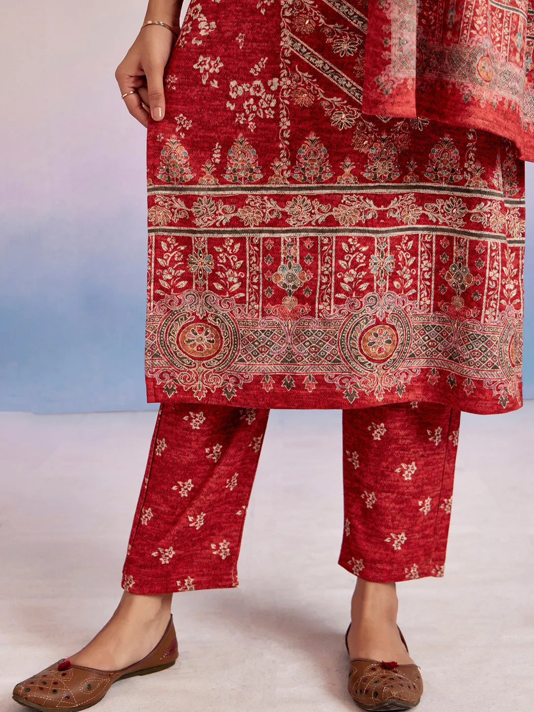 Red Woolen Ethnic Printed Kurta Set With Dupatta