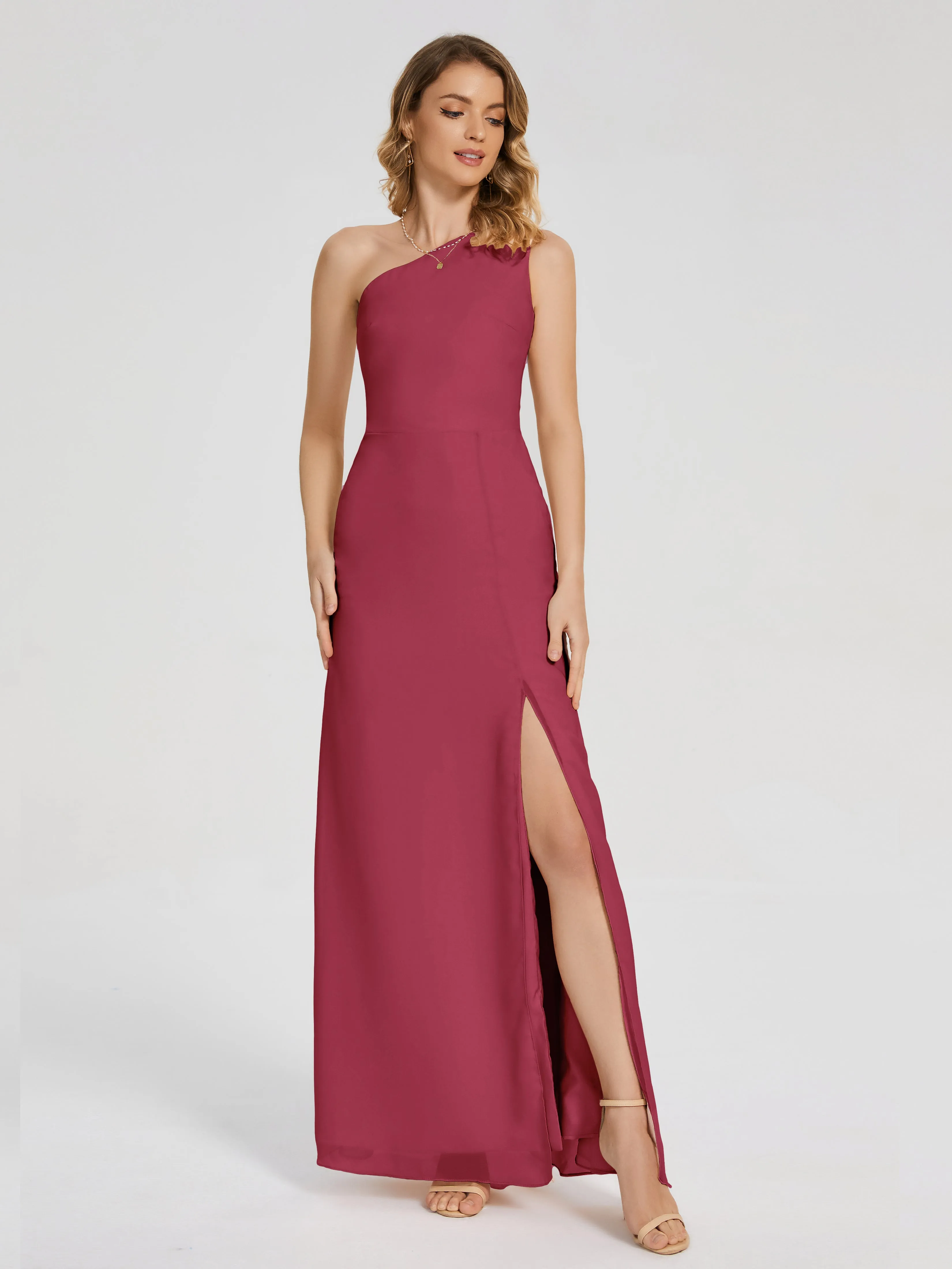 River Simple One Shoulder Split Chiffon Bridesmaid Dresses