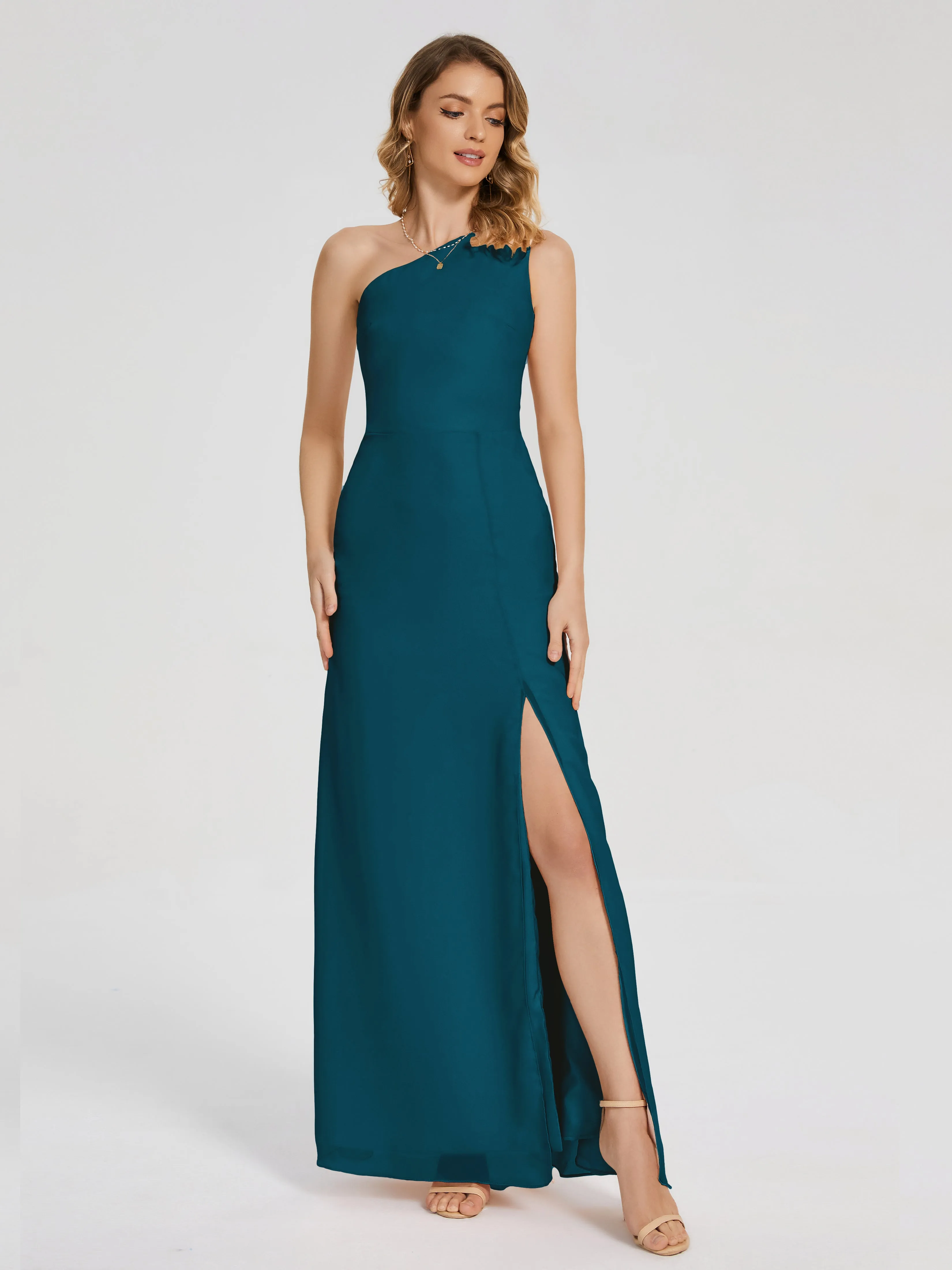 River Simple One Shoulder Split Chiffon Bridesmaid Dresses