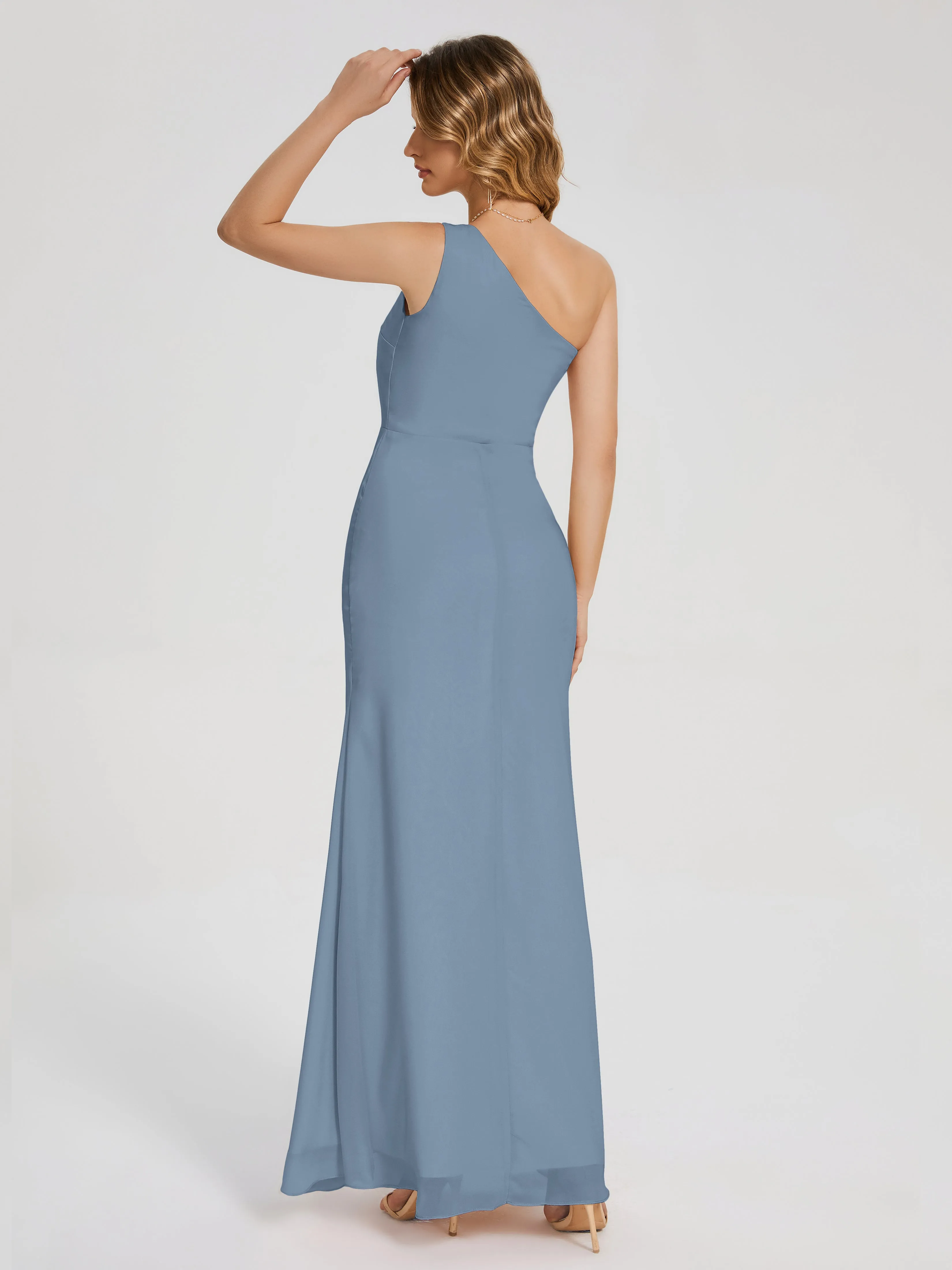 River Simple One Shoulder Split Chiffon Bridesmaid Dresses