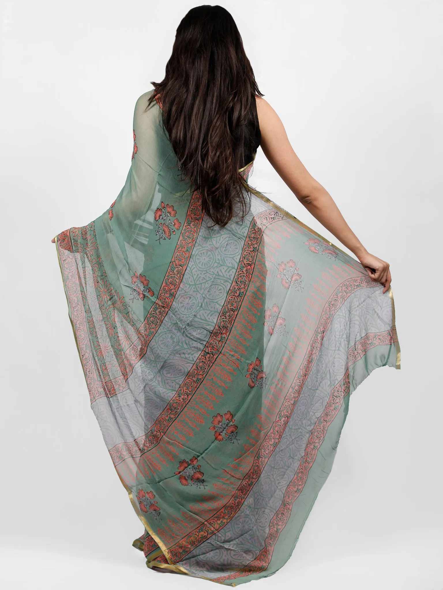 Sage Green Coral Hand Block Printed Chiffon Saree with Zari Border - S031703243