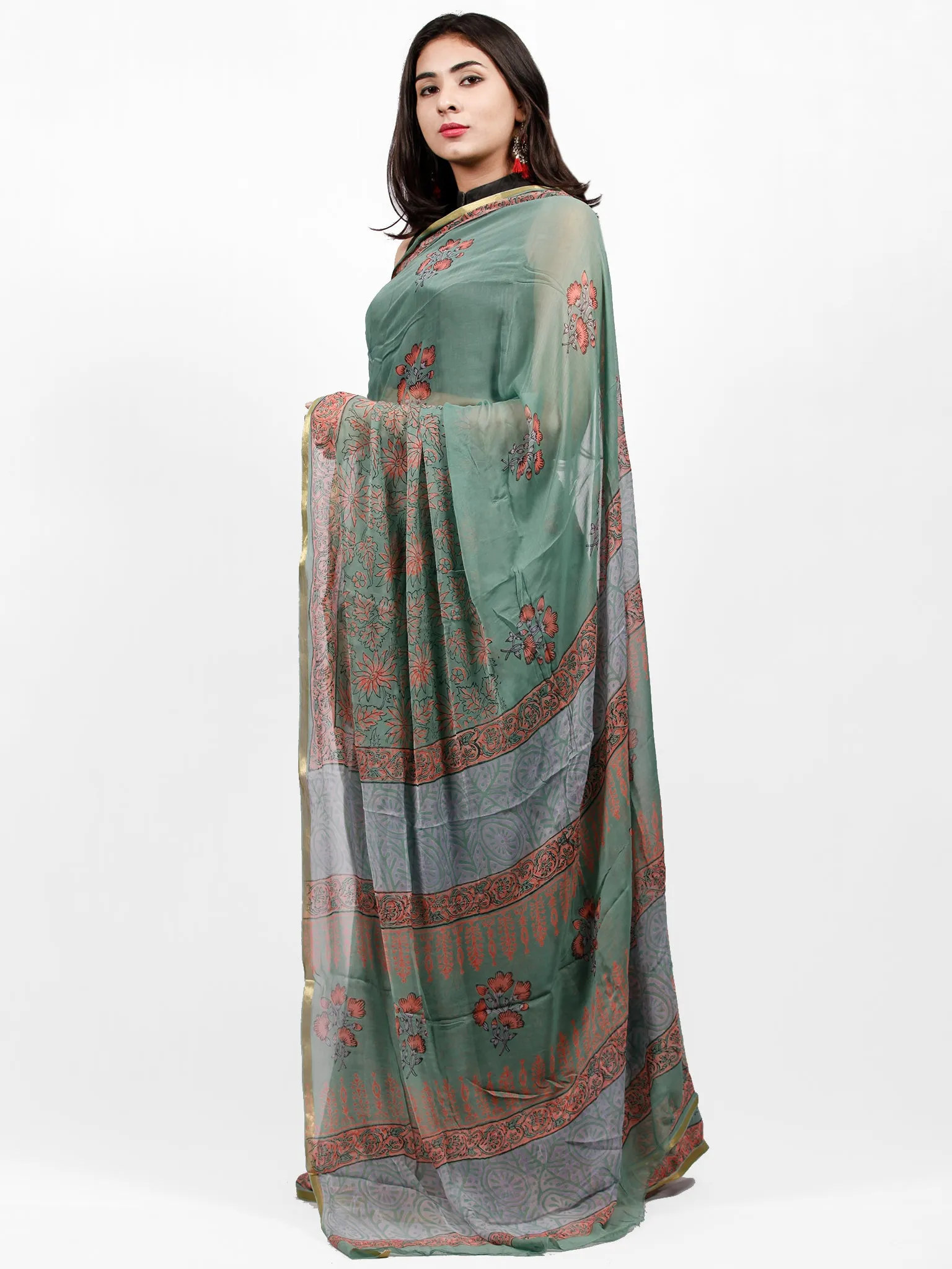 Sage Green Coral Hand Block Printed Chiffon Saree with Zari Border - S031703243