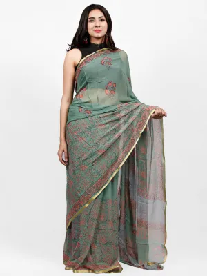 Sage Green Coral Hand Block Printed Chiffon Saree with Zari Border - S031703243