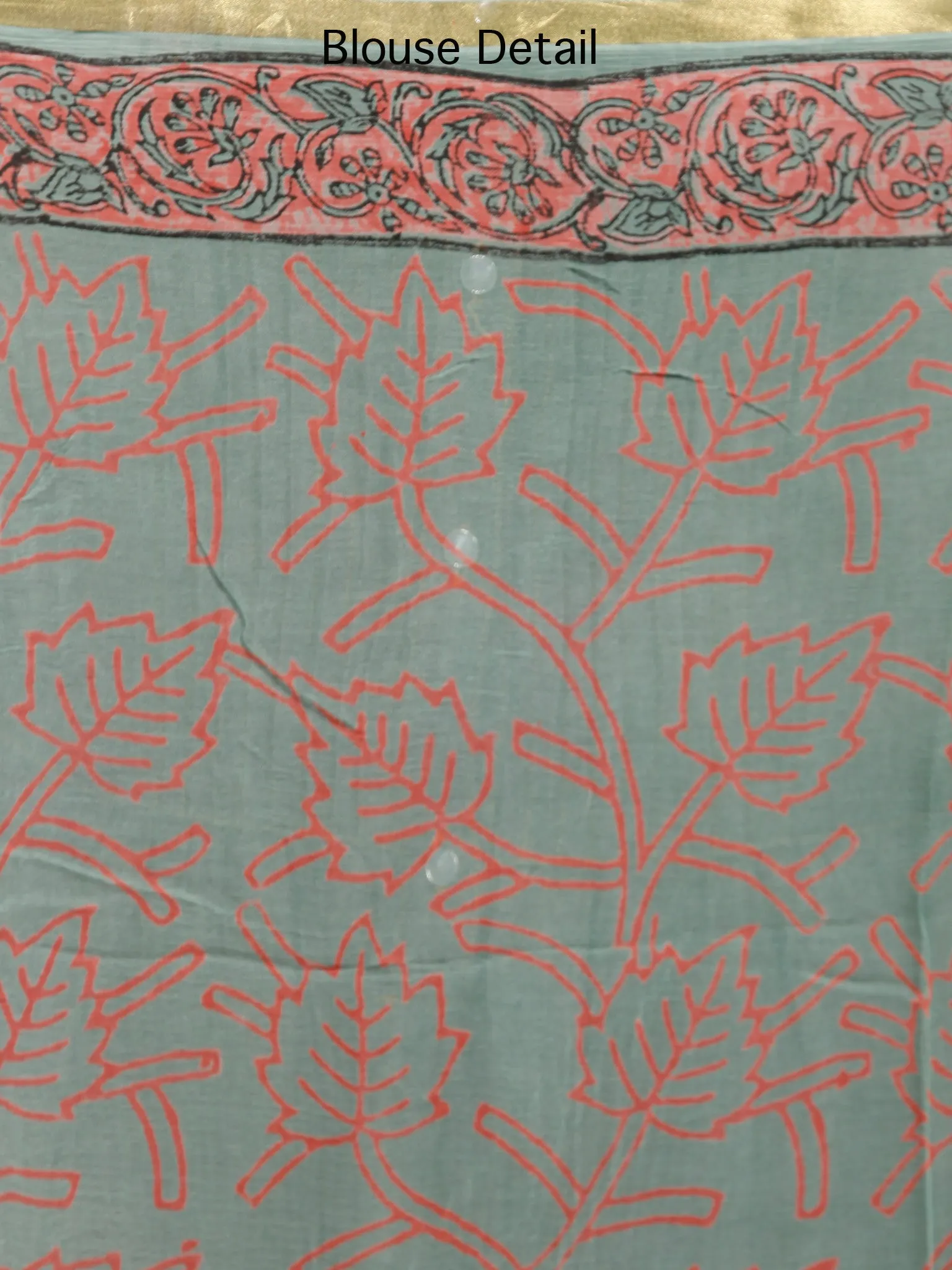 Sage Green Coral Hand Block Printed Chiffon Saree with Zari Border - S031703243