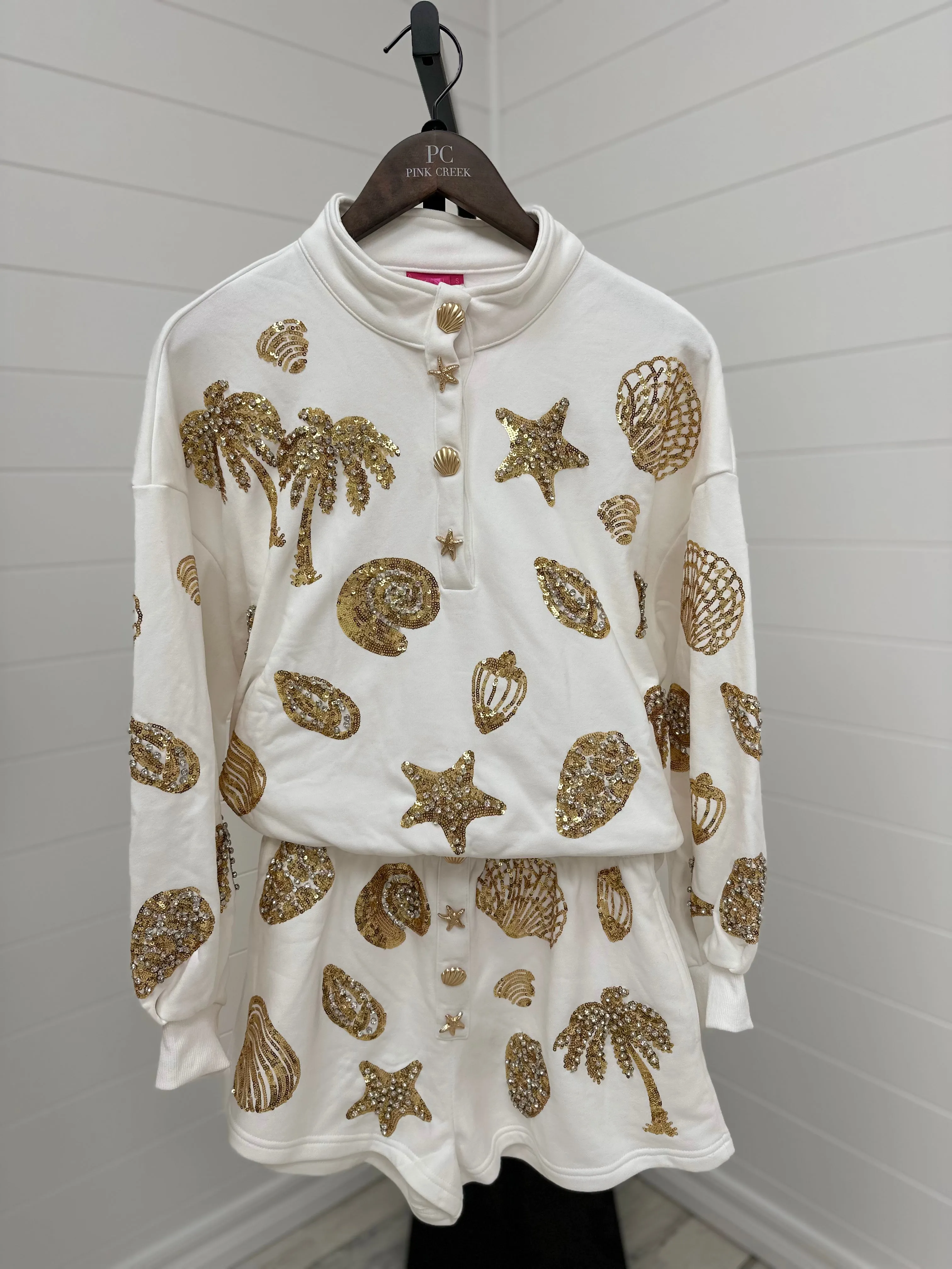 Shell Henley Sweatshirt - White & Gold [Queen of Sparkles]