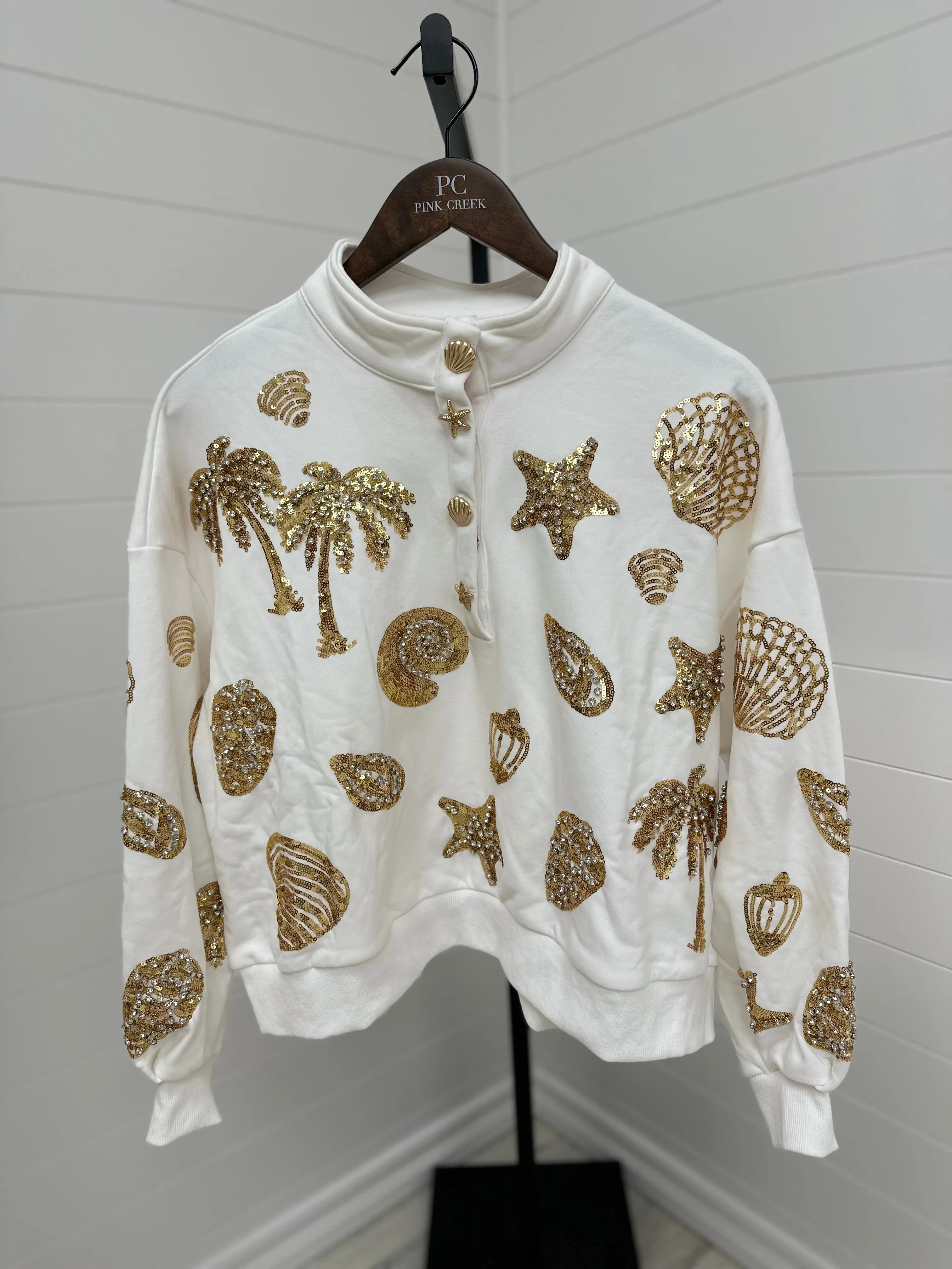 Shell Henley Sweatshirt - White & Gold [Queen of Sparkles]