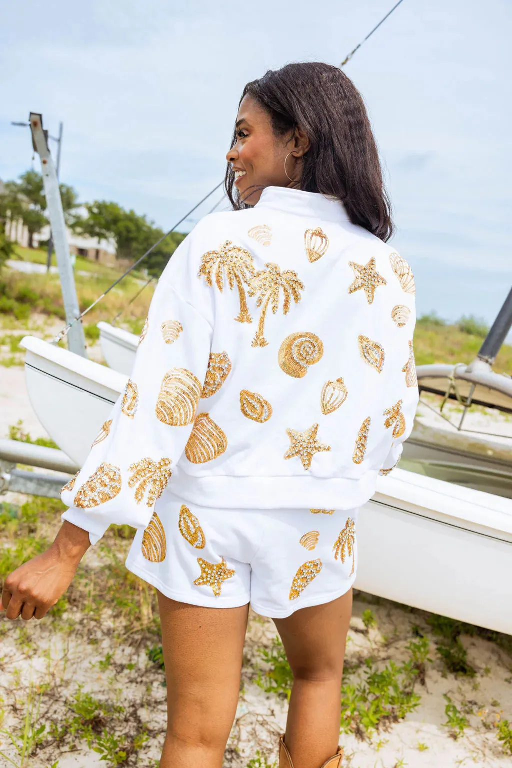 Shell Henley Sweatshirt - White & Gold [Queen of Sparkles]