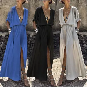 Simple Half Slleves Split Front Long Dresses