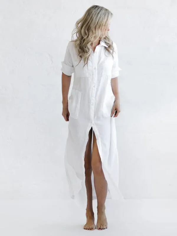 Simple Split-Side Lapel Long Shirt Dress