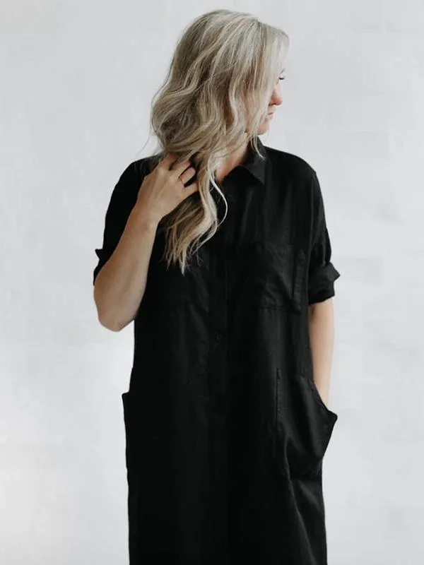 Simple Split-Side Lapel Long Shirt Dress