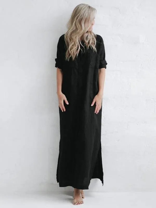 Simple Split-Side Lapel Long Shirt Dress