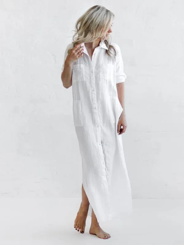 Simple Split-Side Lapel Long Shirt Dress