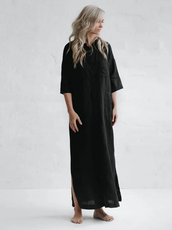 Simple Split-Side Lapel Long Shirt Dress