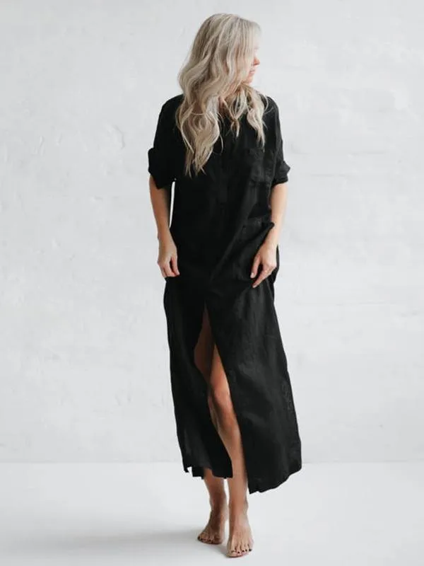 Simple Split-Side Lapel Long Shirt Dress