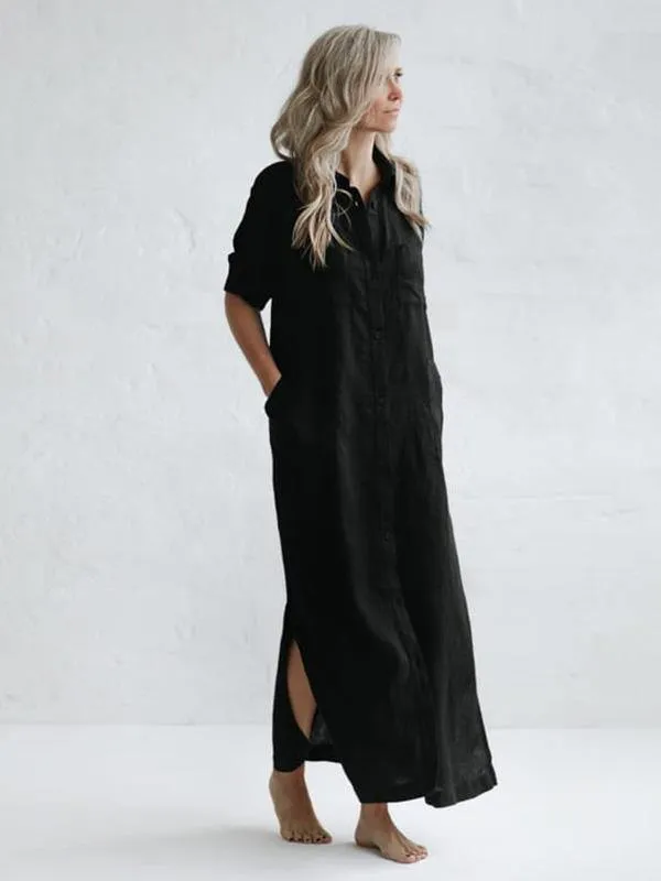 Simple Split-Side Lapel Long Shirt Dress