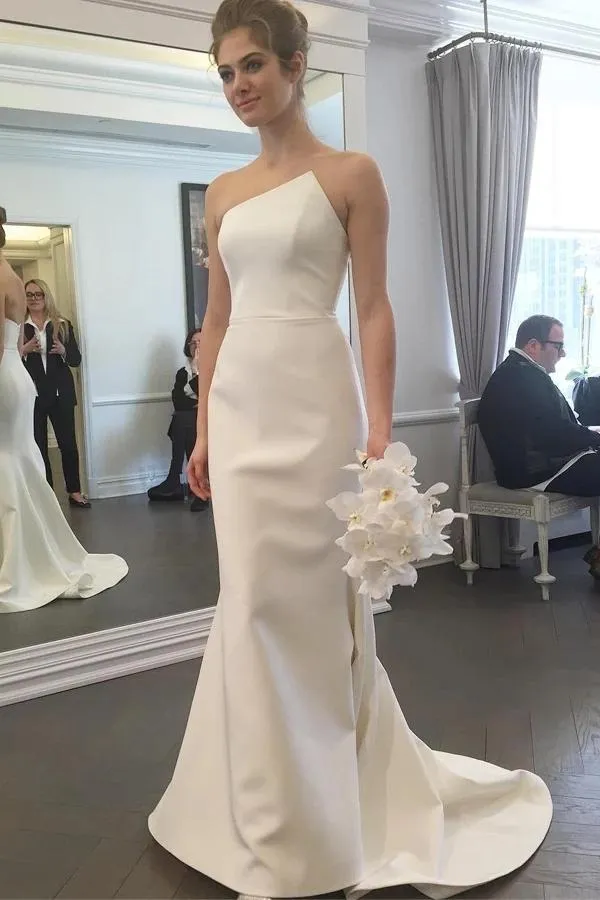 Simple Strapless Mermaid Long Wedding Dresses, Elegant Ivory Sweep Train Wedding Dresses UQ2520