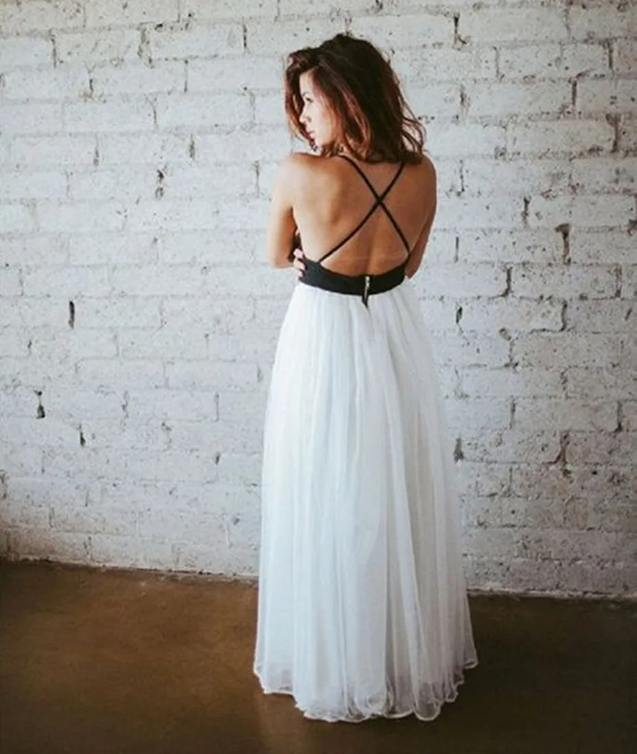 Simple V Neck White Chiffon Backless Black Top Long Prom Dresses, V Neck Long Evening Dresses, Formal Dresses