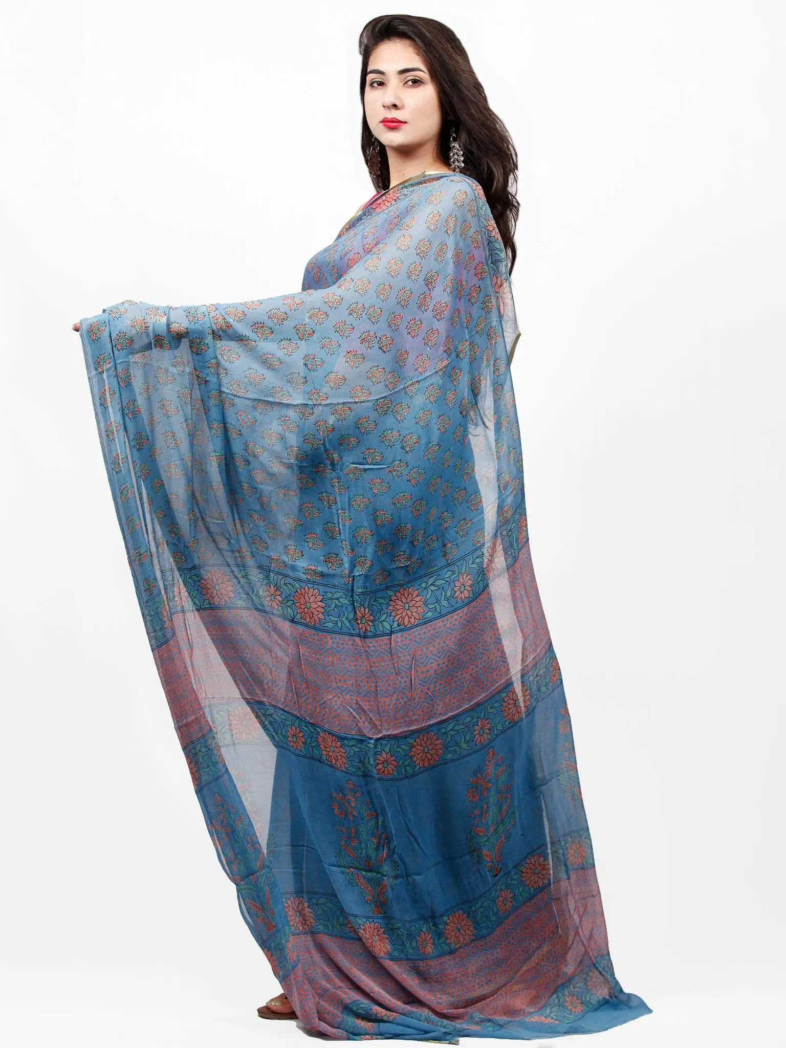 Sky Blue Coral Green Hand Block Printed Chiffon Saree with Zari Border - S031703270