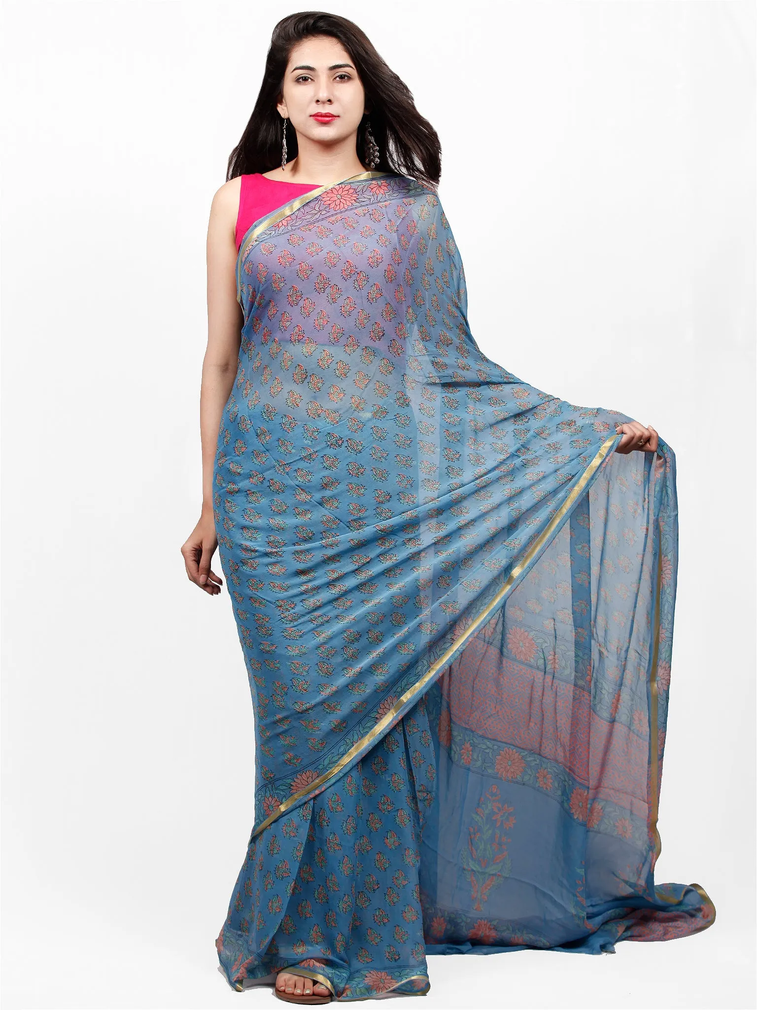 Sky Blue Coral Green Hand Block Printed Chiffon Saree with Zari Border - S031703270