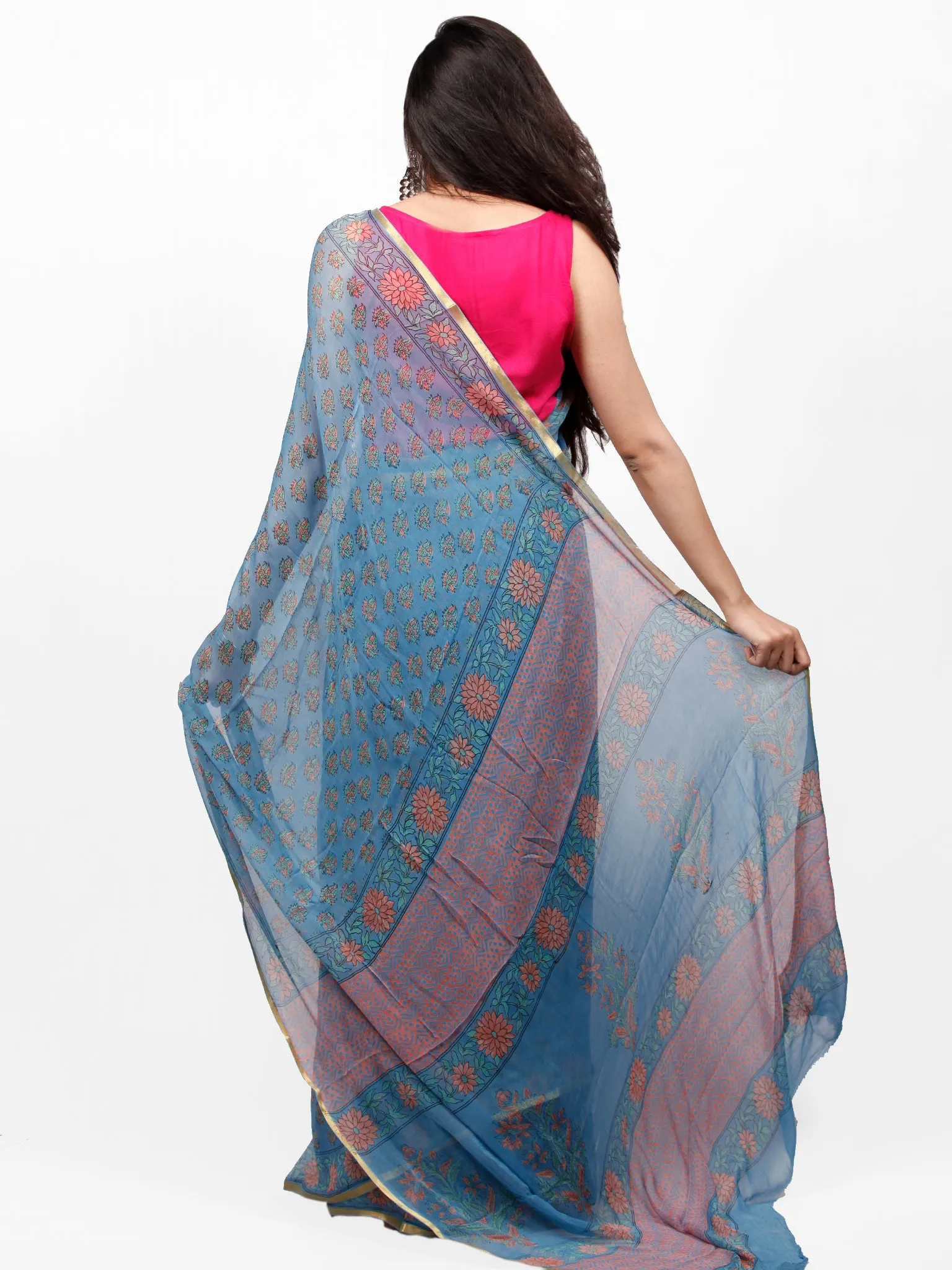 Sky Blue Coral Green Hand Block Printed Chiffon Saree with Zari Border - S031703270