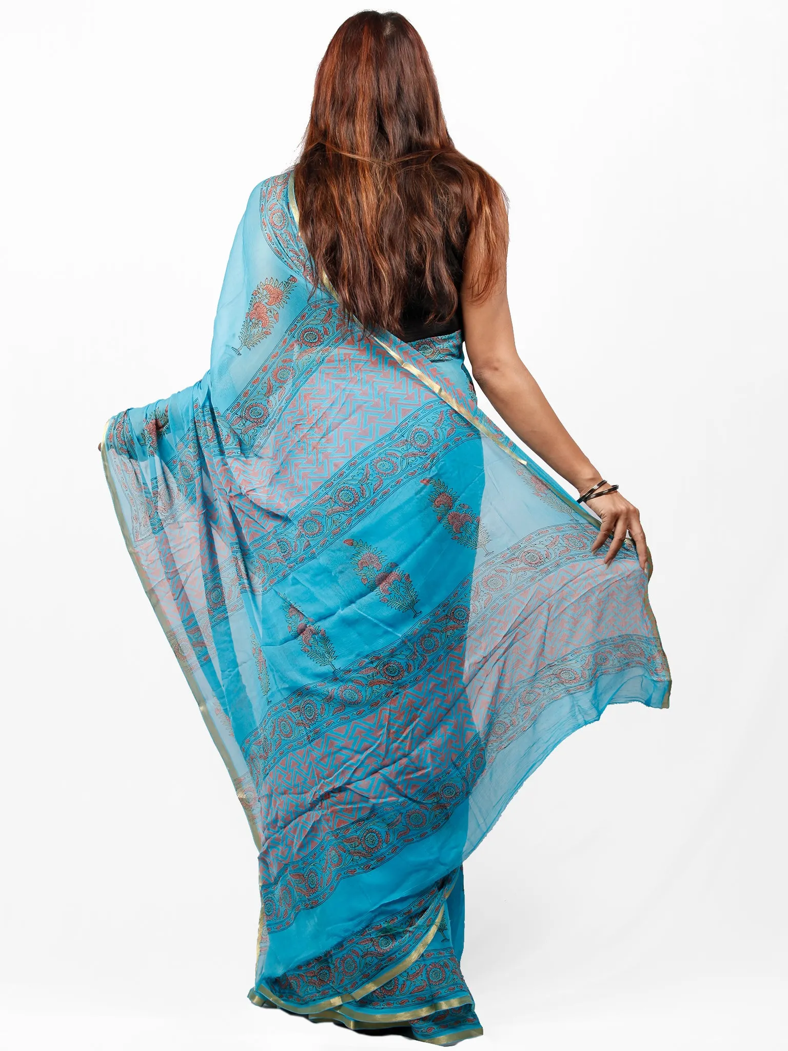 Sky Blue Coral Hand Block Printed Chiffon Saree with Zari Border - S031703434