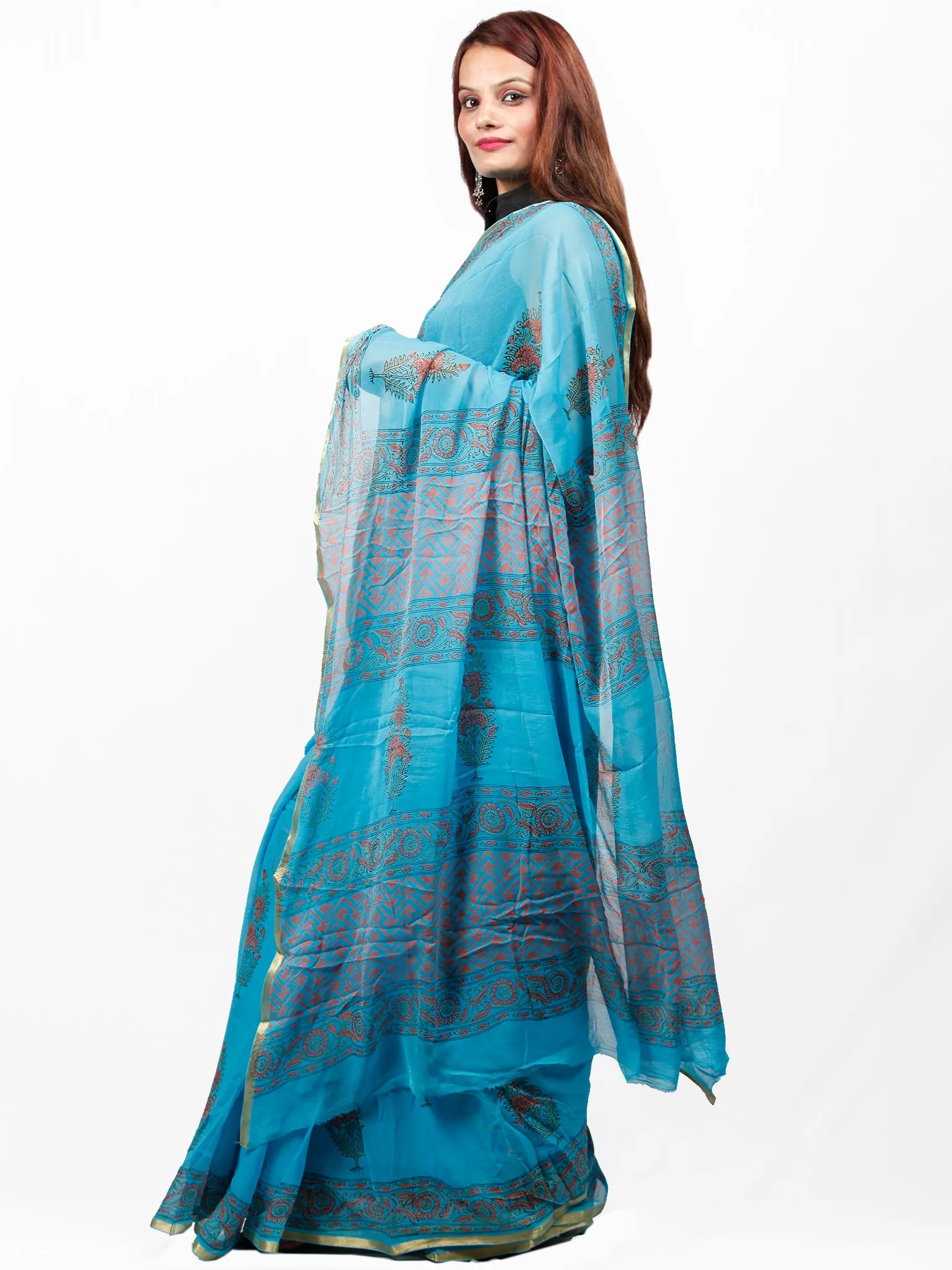 Sky Blue Coral Hand Block Printed Chiffon Saree with Zari Border - S031703434