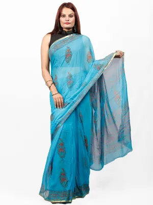 Sky Blue Coral Hand Block Printed Chiffon Saree with Zari Border - S031703434