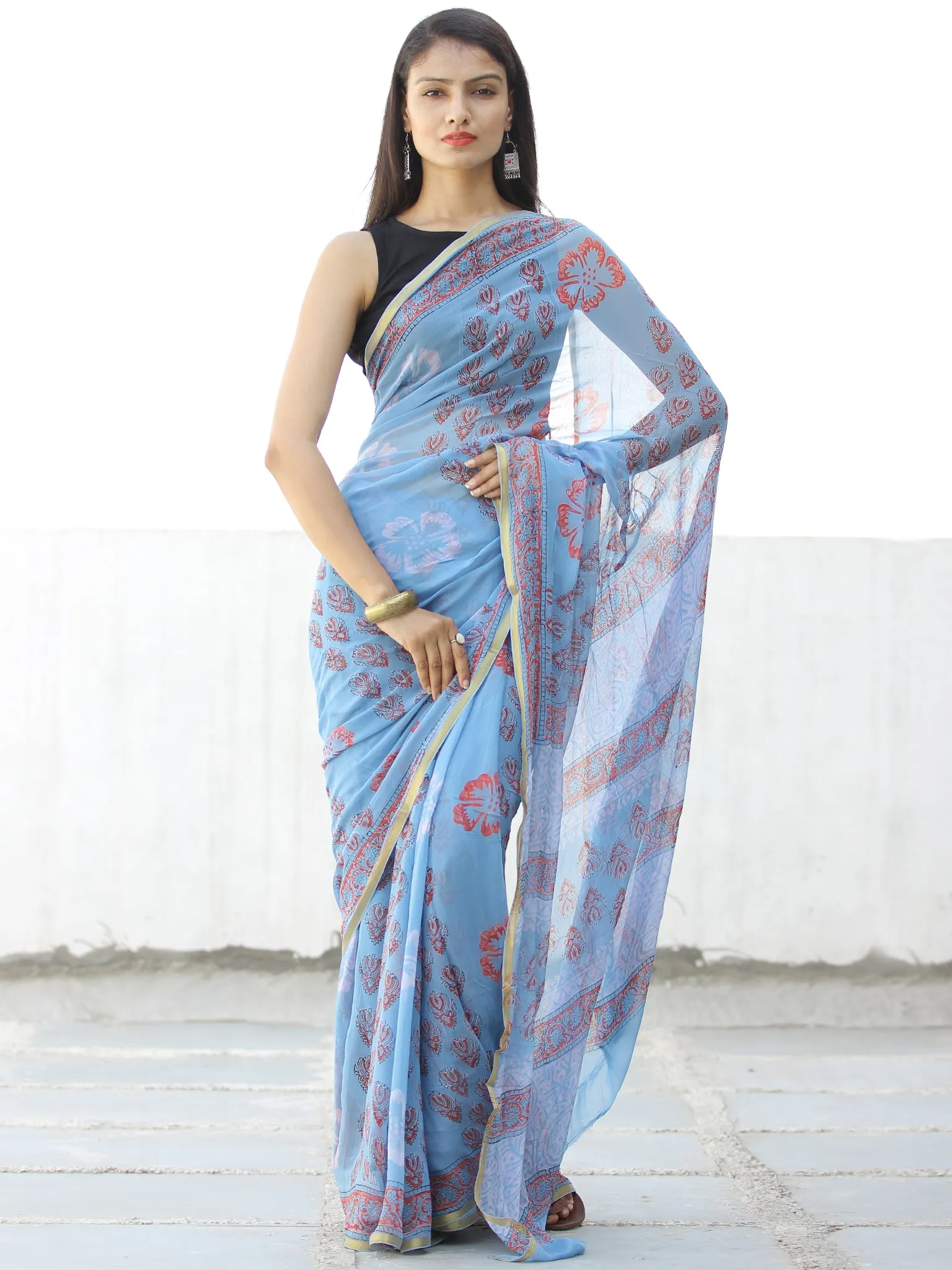 Sky Blue Coral Hand Block Printed Chiffon Saree with Zari Border - S031703972