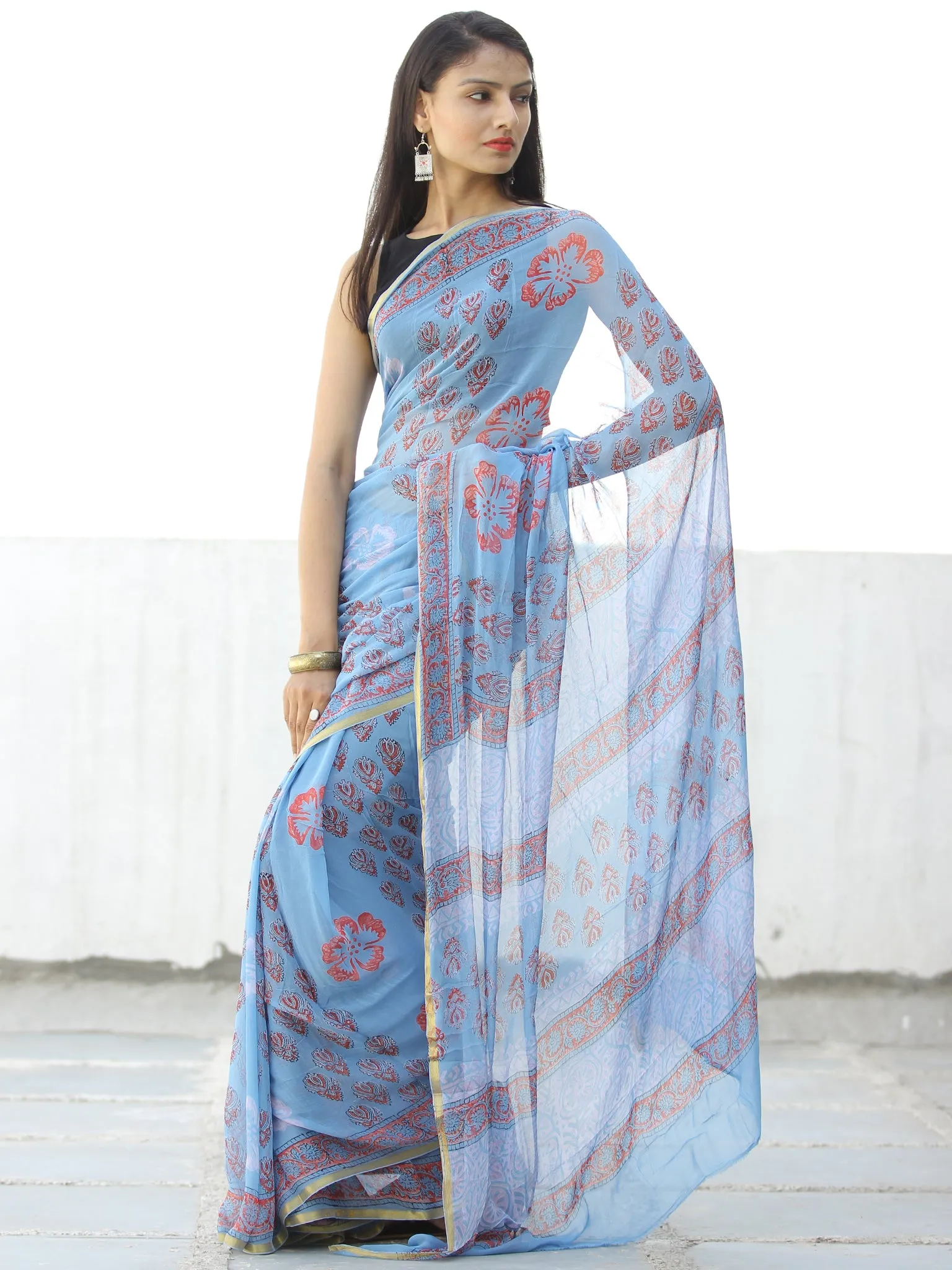 Sky Blue Coral Hand Block Printed Chiffon Saree with Zari Border - S031703972