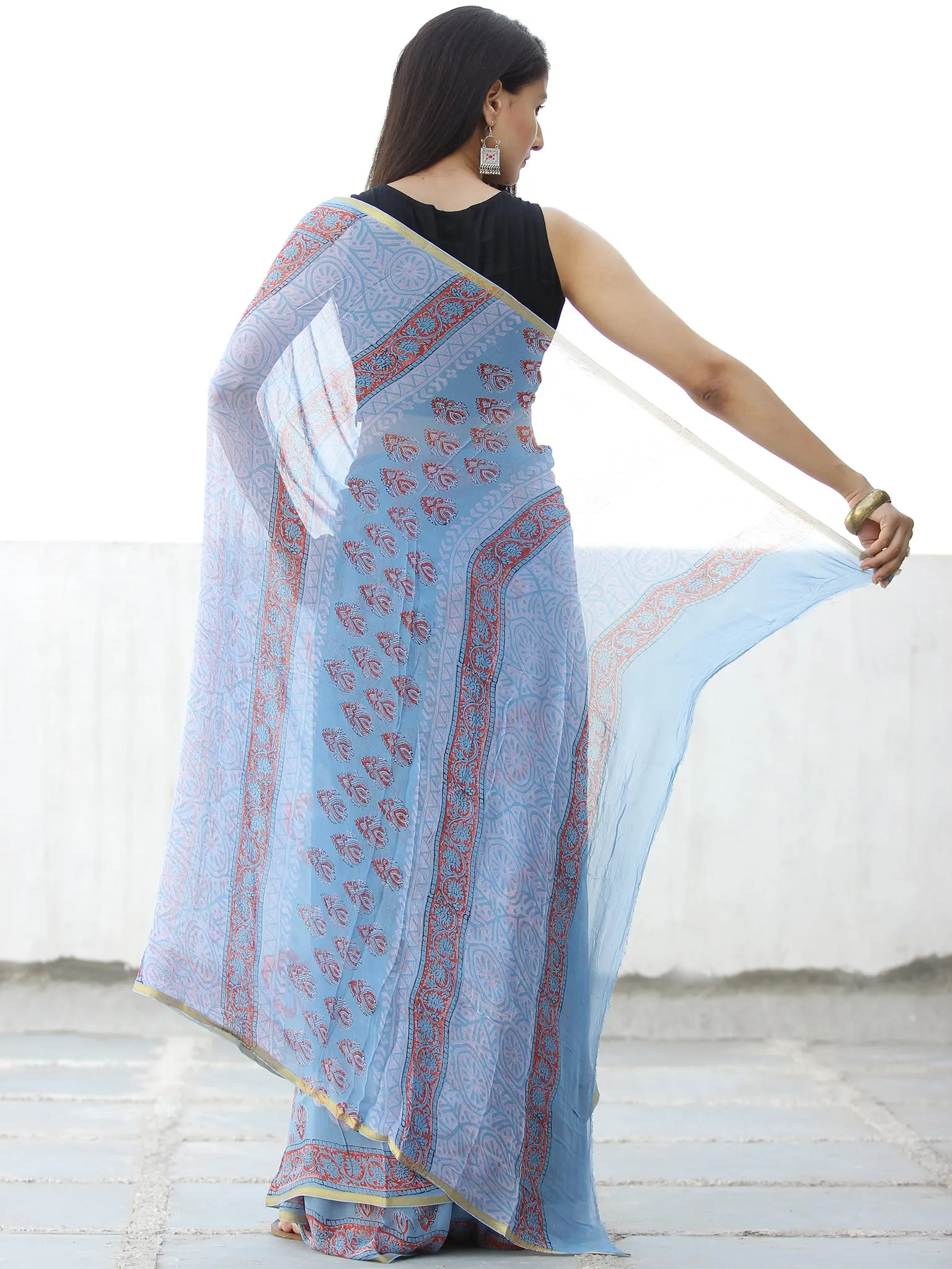 Sky Blue Coral Hand Block Printed Chiffon Saree with Zari Border - S031703972