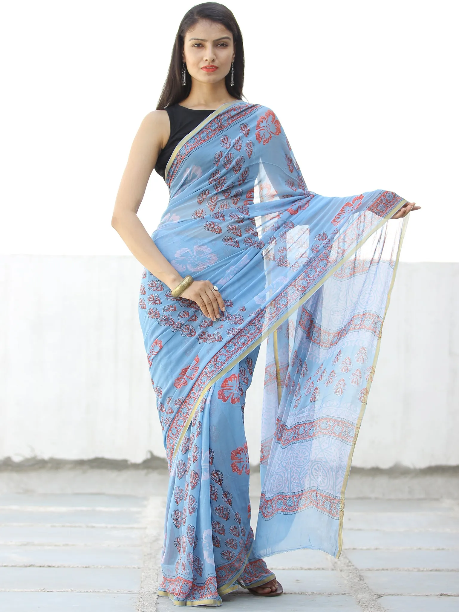 Sky Blue Coral Hand Block Printed Chiffon Saree with Zari Border - S031703972