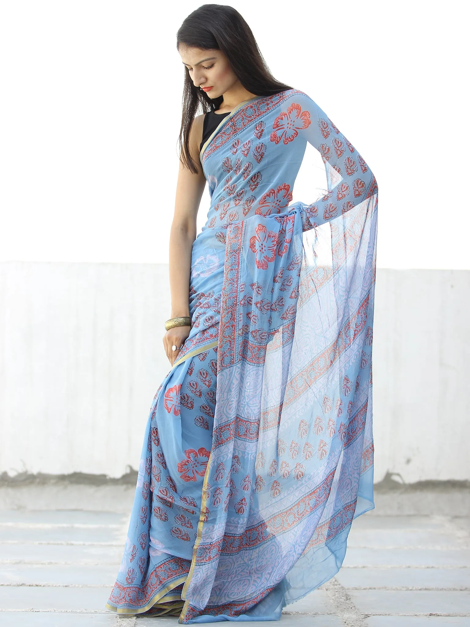 Sky Blue Coral Hand Block Printed Chiffon Saree with Zari Border - S031703972