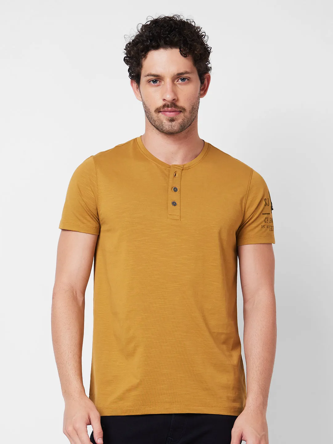 Spykar Henley Neck Half Sleeves Khaki T-Shirt  For Men