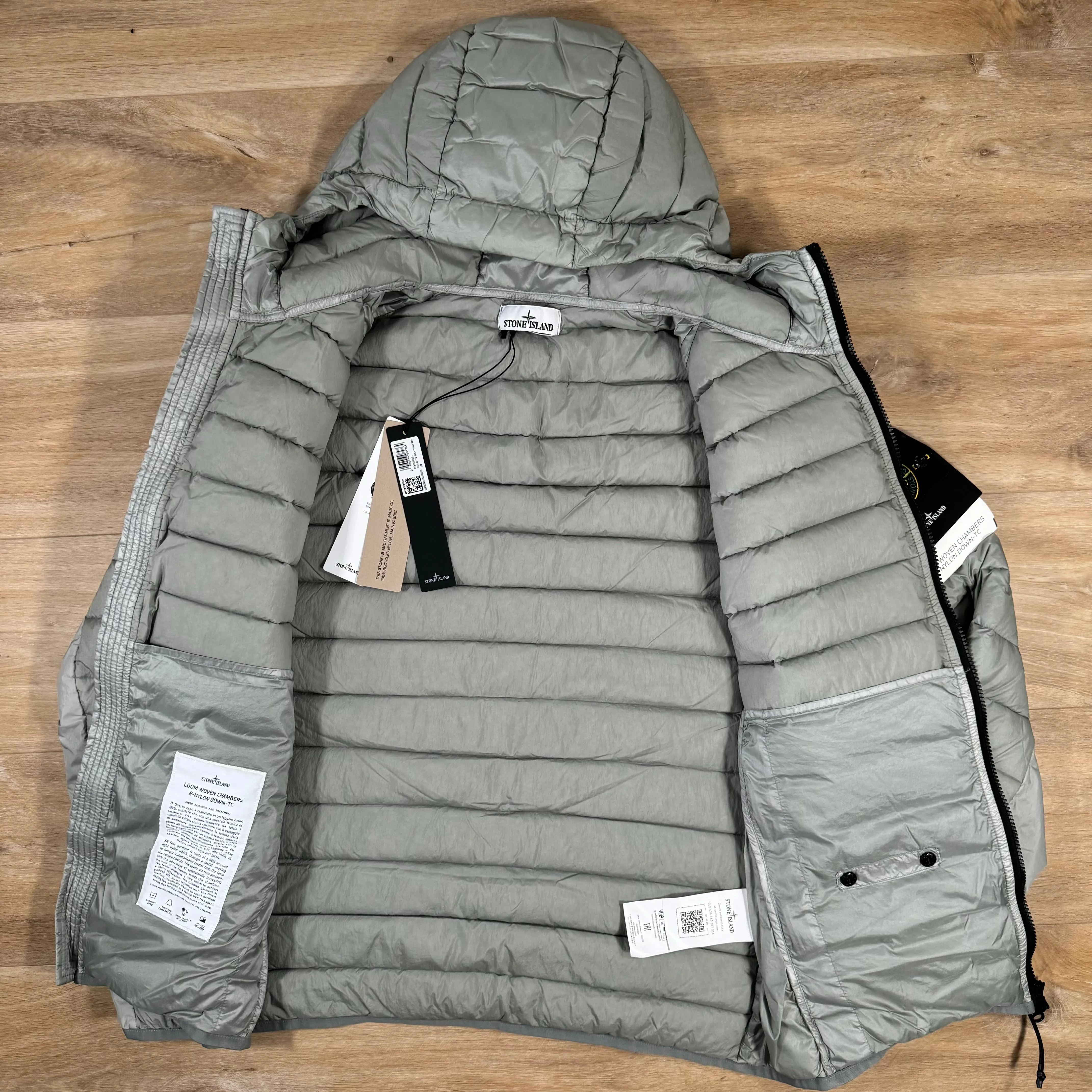 Stone Island Loom Woven Chambers Nylon Down-TC Hooded Jacket in Grey