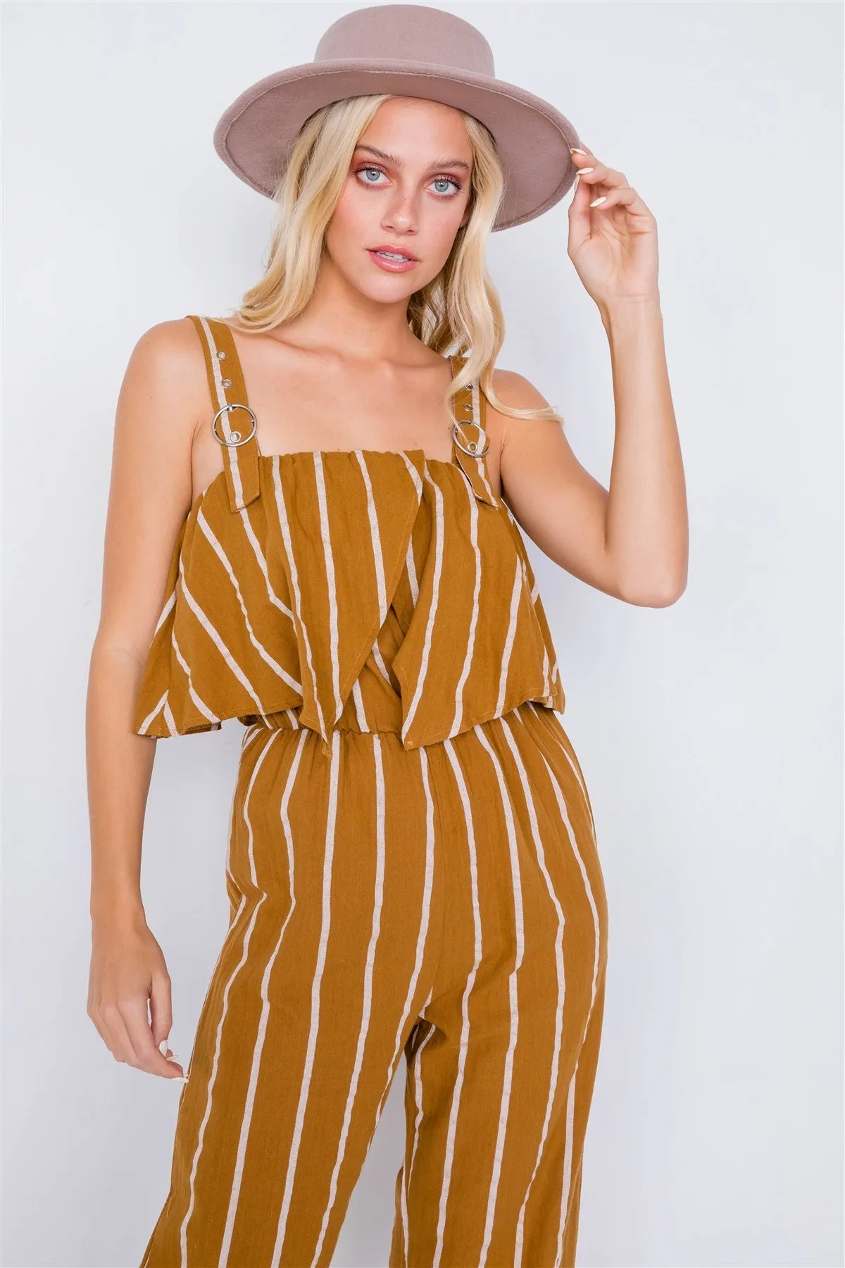 Stripe Buckle Shoulder Wide Leg Jumpsuit