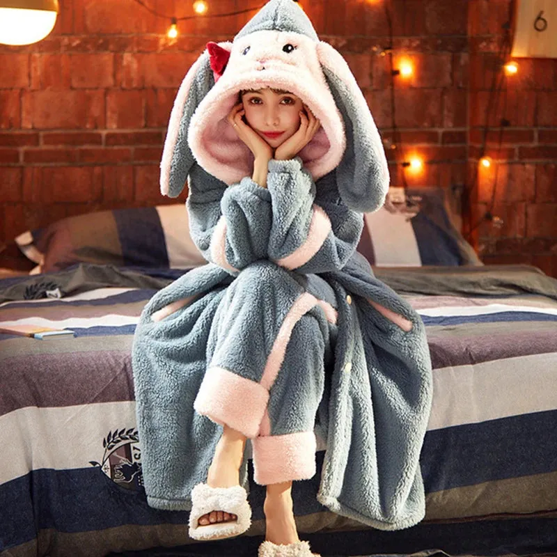 TAVIMART  -  Sweet Women Bathrobe Autumn Winter Thick Hooded Flannel Ladies Robe Fleece Girls Cute Long Dressing Gown for Female Homewear