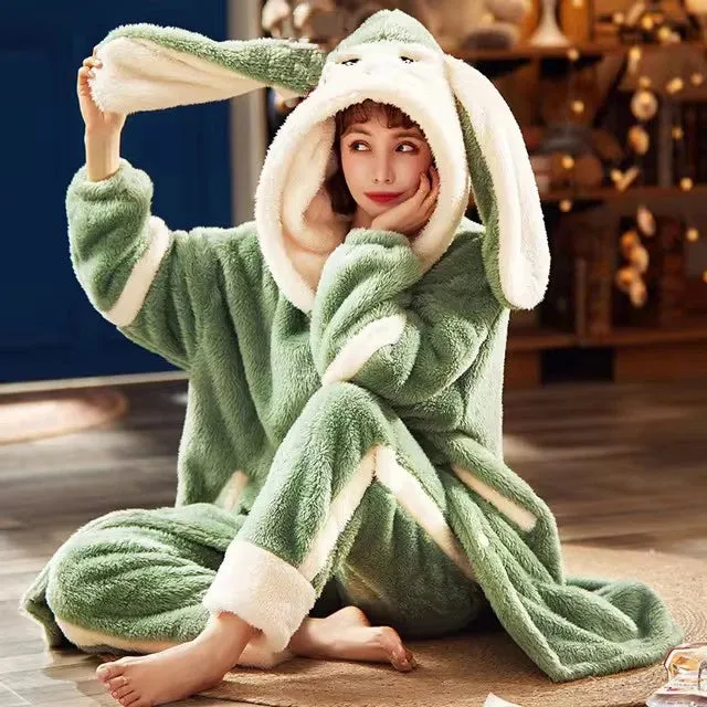 TAVIMART  -  Sweet Women Bathrobe Autumn Winter Thick Hooded Flannel Ladies Robe Fleece Girls Cute Long Dressing Gown for Female Homewear