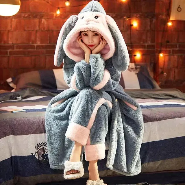 TAVIMART  -  Sweet Women Bathrobe Autumn Winter Thick Hooded Flannel Ladies Robe Fleece Girls Cute Long Dressing Gown for Female Homewear