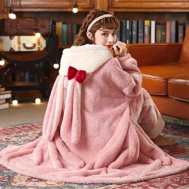 TAVIMART  -  Sweet Women Bathrobe Autumn Winter Thick Hooded Flannel Ladies Robe Fleece Girls Cute Long Dressing Gown for Female Homewear