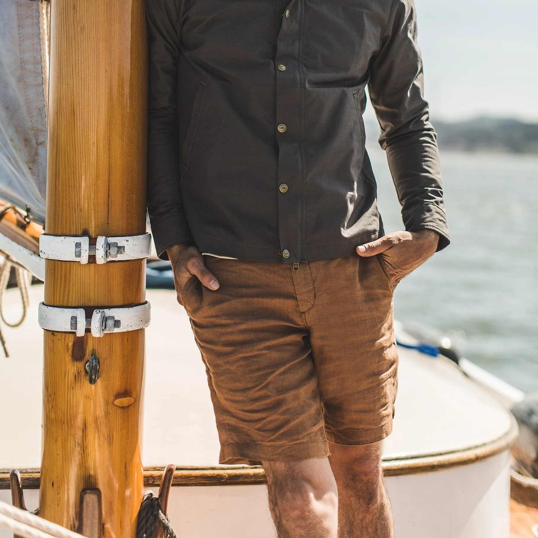 The Maritime Short in British Khaki Linen Herringbone