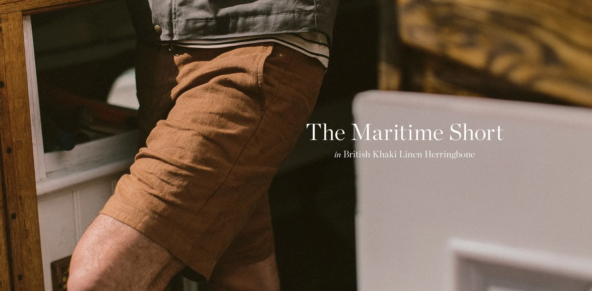 The Maritime Short in British Khaki Linen Herringbone