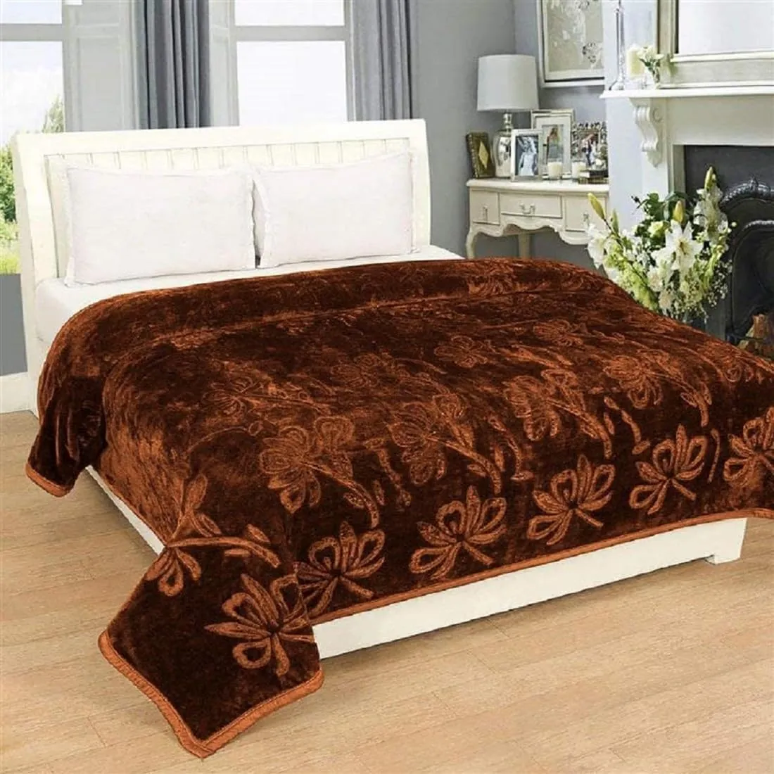 TUNDWAL'S Mink Blanket Soft Luxurious |Super Soft Light Weight Mink Blanket | Floral Embossed Design |Mink Blanket Double Bed for Winter-(Brown)-Pack of 1