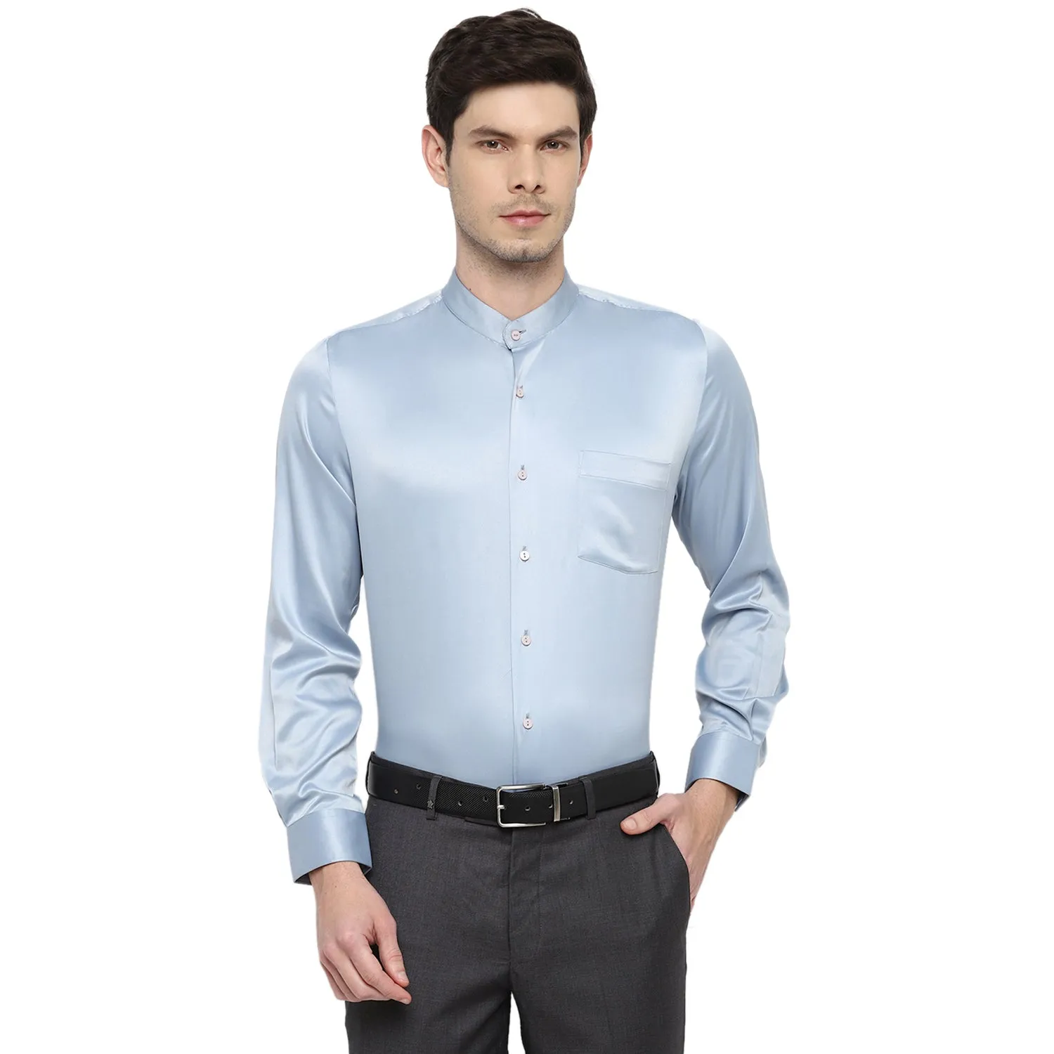 Turtle Men Sky Blue Satin Solid Regular Fit Shirts