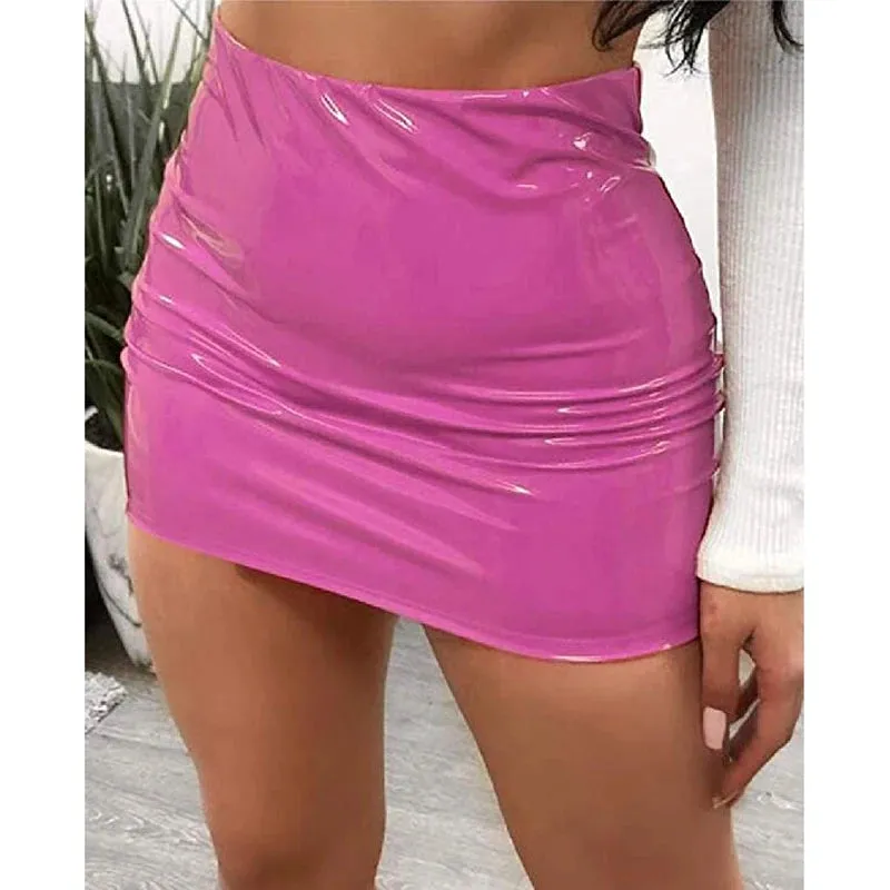 Uniwim High Waist Faux Latex Wet Look Shiny PVC Package Hip Pencil Skirt Candy Color PU Leather Jupe Faldas Sexy Clubwear Mini Skirts