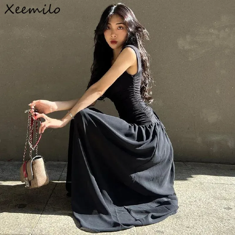 Women Summer Party Long Dress Sexy Ruched Bodycon Black Maxi Dresses