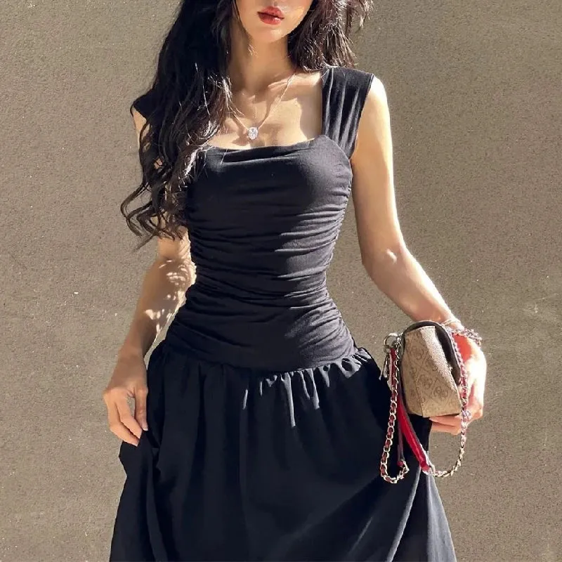 Women Summer Party Long Dress Sexy Ruched Bodycon Black Maxi Dresses