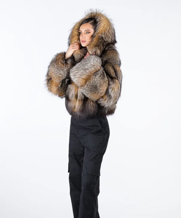 Women's Caramel Brown Hooded Fox Fur Jacket